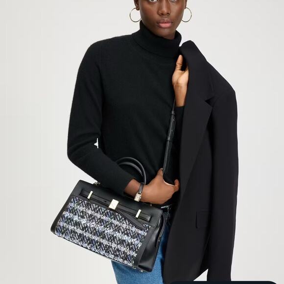 Kate Spade Deco Plaid Tweed Medium Satchel Elegant Black and Blue Tweed Handbag - Picture 4 of 10